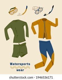 Wetsuit, mask and snorkel set. Long sleeve wear for watersports. Swimsuits shorts and leggings. Vector illustration.