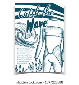 Wetsuit, Ocean Wave And Seaweed Banner Vector. Catch Wave Phrase, Man Surfing Suit And Sea Wave Depicted On Advertising Poster. Flyer Monochrome Illustration