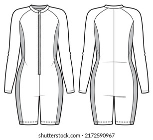 Wetsuit, swimsuit surfing. Long sleeves one piece bodysuit with zipper on front