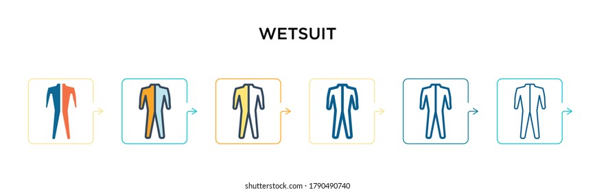 Wetsuit vector icon in 6 different modern styles. Black, two colored wetsuit icons designed in filled, outline, line and stroke style. Vector illustration can be used for web, mobile, ui