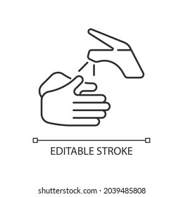 Wetting hands with water linear icon. Good hygiene practice. Using clean, warm water. Thin line customizable illustration. Contour symbol. Vector isolated outline drawing. Editable stroke