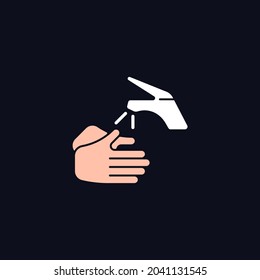 Wetting hands with water RGB color icon for dark theme. Good hygiene practice. Using warm water. Isolated vector illustration on night mode background. Simple filled line drawing on black