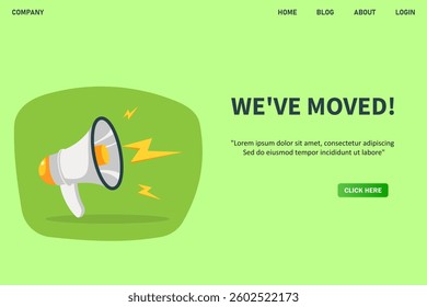 We've moved, banner with megaphone. We've moved speech bubble banner. Vector illustration for retail shopping online marketing template, banner, poster, and background.
