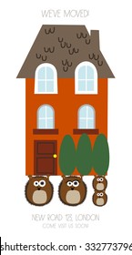 We've Moved Card. Four Hedgehogs Moving Their Own House To A New Location. Announcement Card. Vector And Illustration Design.  