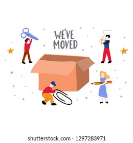 We've moved concept. Tiny people gather office stuff to the box. Hand drawn vector lettering illustration.