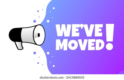 Hemos movido la señal. Plano, púrpura, texto megáfono, hemos movido un icono. Icono de vector