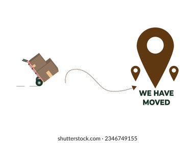 We've Moved sign indicating an office relocation. The clipart image is presented against a white background and prominently showcases a hand truck or dolly along with several boxes