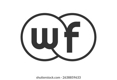 WF business company emblem with outline rounds and letters w f. Logo template of two merged circles for brand identity, logotype. Vector Infinity symbol  and technology sign.