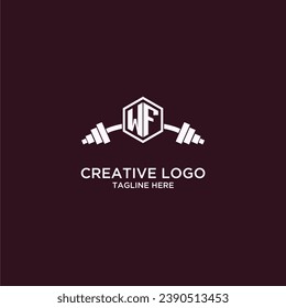 WF initial monogram for fitnes or gym logo with creative shield and barbell design