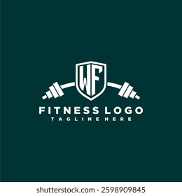 WF initial monogram for fitnes or gym logo with creative shield and barbell design
