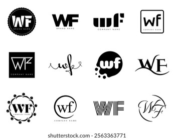 WF logo company template. Letter w and f logotype. Set different classic serif lettering and modern bold text with design elements. Initial font typography. Collection trendy business identity.