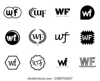 WF logo company template. Letter w and f logotype. Set different classic serif lettering and modern bold text with design elements. Initial font typography. Collection trendy business identity.