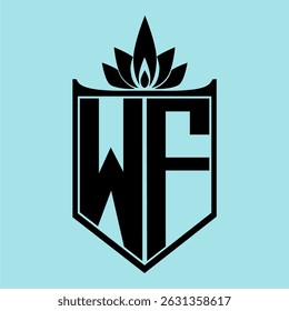 WF Logo featuring a minimalist design with a crown-like flower symbol on top, bold black elements, and a soft blue background, perfect for branding and modern visual identity.