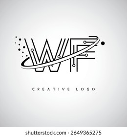 Logotipo de Monograma de Órbita WF - Marca de Letra Mínima Futurista com Linha de Arte Circular, Pontos Inspirados na Tecnologia e Conceito de Movimento Espacial para Identidade de Marca Moderna