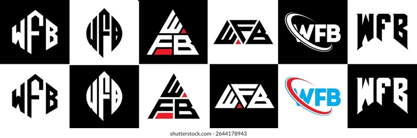 WFB letter logo design in six style. WFB polygon, circle, triangle, hexagon, flat and simple style with black and white color variation letter logo set in one artboard. WFB minimalist and classic logo
