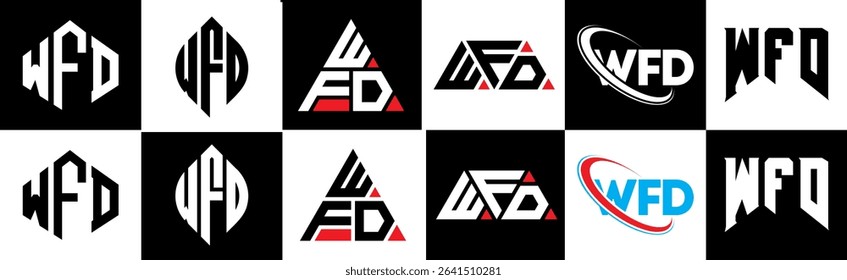 WFD letter logo design in six style. WFD polygon, circle, triangle, hexagon, flat and simple style with black and white color variation letter logo set in one artboard. WFD minimalist and classic logo