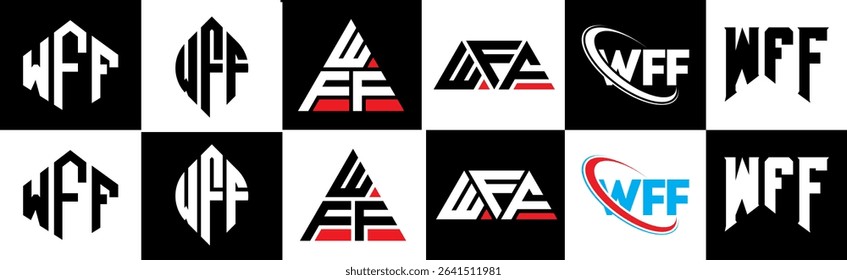 WFF letter logo design in six style. WFF polygon, circle, triangle, hexagon, flat and simple style with black and white color variation letter logo set in one artboard. WFF minimalist and classic logo