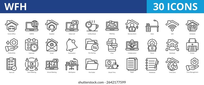 Wfh icon pack collection set for work from home business office. With meeting, remote work, digital nomad, productivity, time, management, virtual workspace, job, target, activity, collaboration