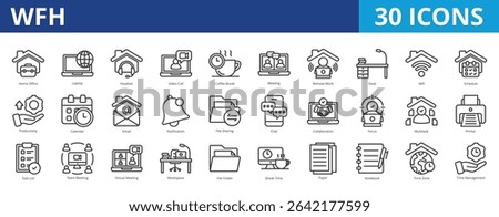 Wfh icon pack collection set for work from home business office. With meeting, remote work, digital nomad, productivity, time, management, virtual workspace, job, target, activity, collaboration