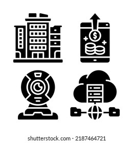 WFH icons set = building, smartphone, webcam, cloud. Perfect for website mobile app, app icons, presentation, illustration and any other projects