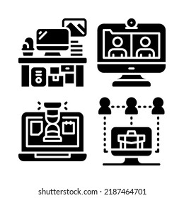 WFH icons set = desk, video conference, laptop, remote work. Perfect for website mobile app, app icons, presentation, illustration and any other projects