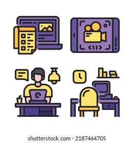 WFH icons set = laptop, record, work from home, desk. Perfect for website mobile app, app icons, presentation, illustration and any other projects