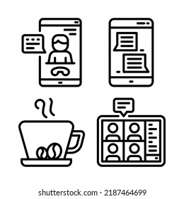 WFH Icons Set = Video Call, Smartphone, Coffee, Tablet. Perfect For Website Mobile App, App Icons, Presentation, Illustration And Any Other Projects