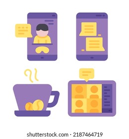 WFH Icons Set = Video Call, Smartphone, Coffee, Tablet. Perfect For Website Mobile App, App Icons, Presentation, Illustration And Any Other Projects