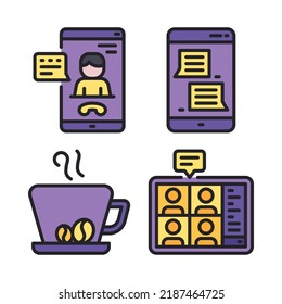 WFH Icons Set = Video Call, Smartphone, Coffee, Tablet. Perfect For Website Mobile App, App Icons, Presentation, Illustration And Any Other Projects