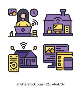 WFH icons set = work, home internet, modern house, device. Perfect for website mobile app, app icons, presentation, illustration and any other projects