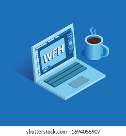 WFH - Work From Home, Illustration With Laptop And Coffee Mug In Isometric Vector Isolated In Blue Background