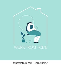 
#WFH - Work from home, home office. An employee works from home because of the COVID-19 coronavirus epidemic. Thin lines illustration in flat style.