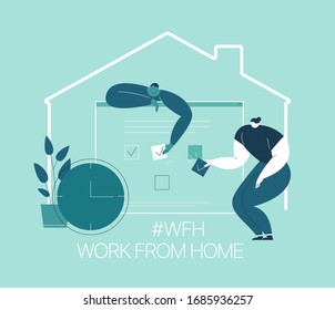 
#WFH - Work from home, home office. An employee works from home because of the COVID-19 coronavirus epidemic. Thin lines illustration in flat style.