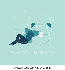 #WFH - Work from home, home office. An employee works from home because of the COVID-19 coronavirus epidemic. Thin lines illustration in flat style.