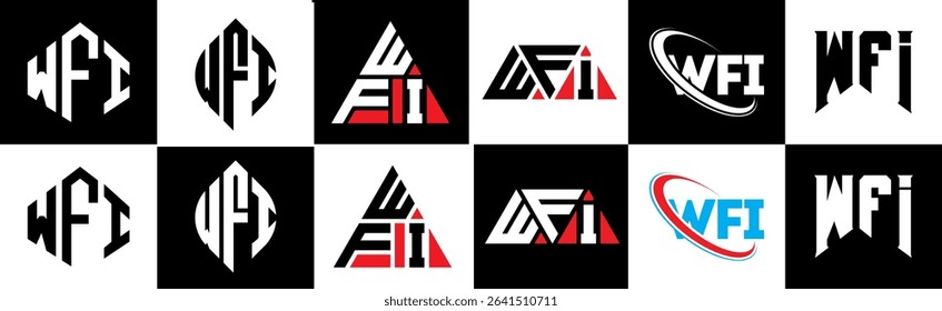 WFI letter logo design in six style. WFI polygon, circle, triangle, hexagon, flat and simple style with black and white color variation letter logo set in one artboard. WFI minimalist and classic logo
