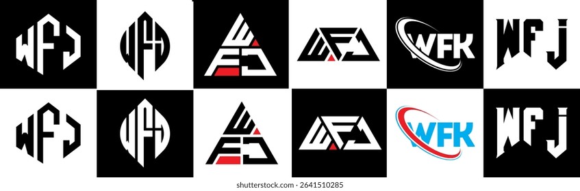 WFJ letter logo design in six style. WFJ polygon, circle, triangle, hexagon, flat and simple style with black and white color variation letter logo set in one artboard. WFJ minimalist and classic logo
