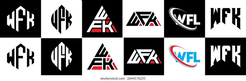 WFK letter logo design in six style. WFK polygon, circle, triangle, hexagon, flat and simple style with black and white color variation letter logo set in one artboard. WFK minimalist and classic logo