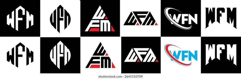 WFM letter logo design in six style. WFM polygon, circle, triangle, hexagon, flat and simple style with black and white color variation letter logo set in one artboard. WFM minimalist and classic logo