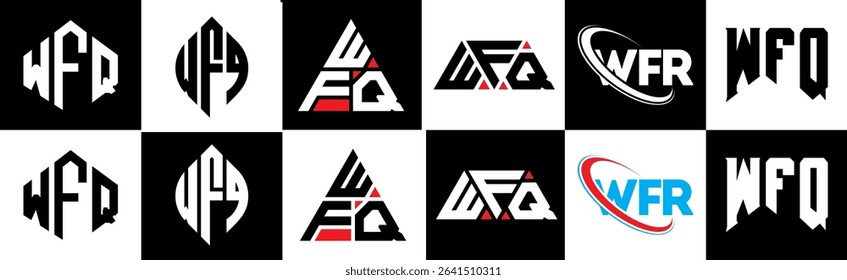 WFQ letter logo design in six style. WFQ polygon, circle, triangle, hexagon, flat and simple style with black and white color variation letter logo set in one artboard. WFQ minimalist and classic logo