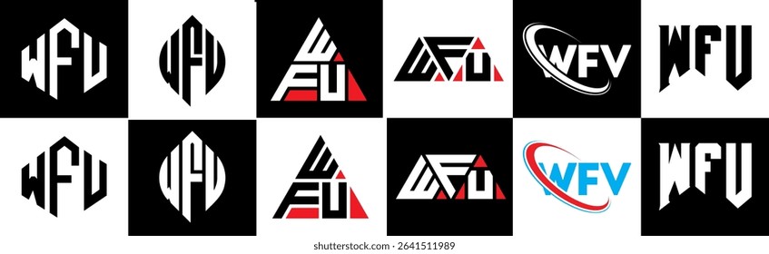 WFU letter logo design in six style. WFU polygon, circle, triangle, hexagon, flat and simple style with black and white color variation letter logo set in one artboard. WFU minimalist and classic logo