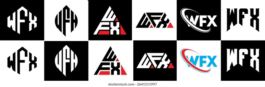 WFX letter logo design in six style. WFX polygon, circle, triangle, hexagon, flat and simple style with black and white color variation letter logo set in one artboard. WFX minimalist and classic logo