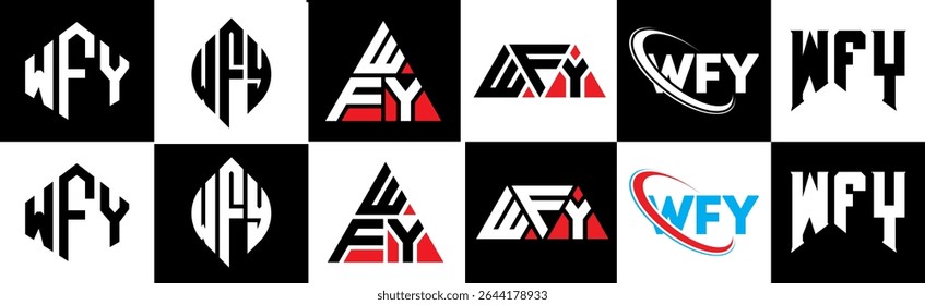 WFY letter logo design in six style. WFY polygon, circle, triangle, hexagon, flat and simple style with black and white color variation letter logo set in one artboard. WFY minimalist and classic logo