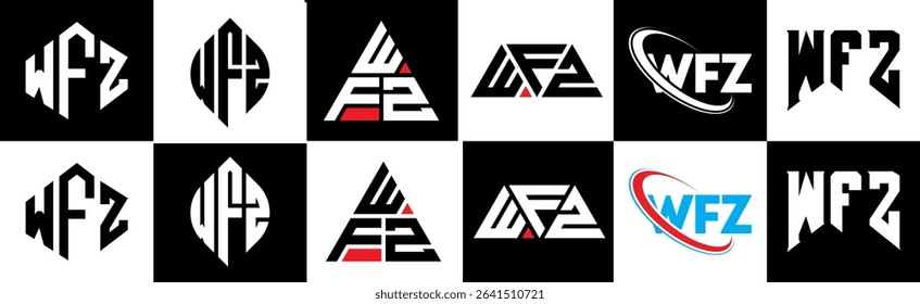 WFZ letter logo design in six style. WFZ polygon, circle, triangle, hexagon, flat and simple style with black and white color variation letter logo set in one artboard. WFZ minimalist and classic logo