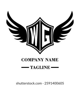 WG bold shield logo with wings, customizable with letters A to Z. Perfect for brands seeking a powerful symbol of strength, freedom, and ambition