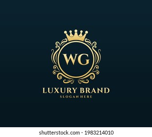 WG Initial Letter, Gold text with feminine floral hand drawn heraldic monogram, Antique vintage style luxury logo design.