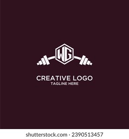 WG initial monogram for fitnes or gym logo with creative shield and barbell design