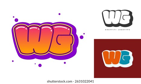 WG logo design for festival or party. Initial letter w and g in graffiti style. Creative modern lettering company name of font typography. Kids trendy logotype or identity. Vector illustration.