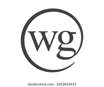 Logotipo WG de duas letras com estilo de sinal de email em forma de círculo. Logotipo redondo W e G da empresa comercial para a identidade da marca.