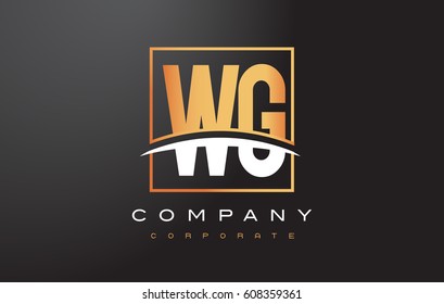 WG W G Golden Letter Logo Design with Swoosh and Rectangle Square Box Vector Design.