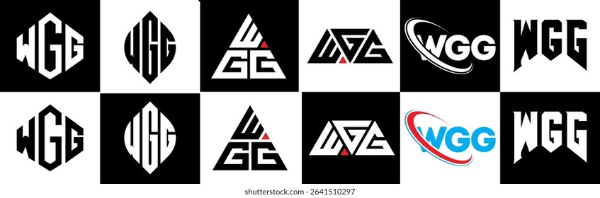 WGG letter logo design in six style. WGG polygon, circle, triangle, hexagon, flat and simple style with black and white color variation letter logo set in one artboard. WGG minimalist and classic logo